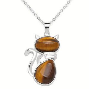 Tiger Eye Natural Stone Cute Cat Pendant Necklace